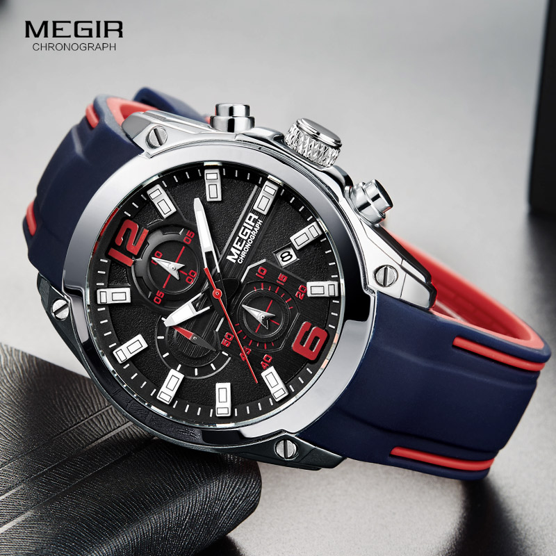 Silicone Sport Band - Megir montre à quartz analogique chronographe